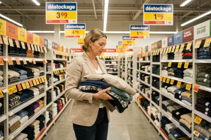 Femme faisant du shopping lors d'un grand déstockage en magasin physique avec des étiquettes de réduction visibles