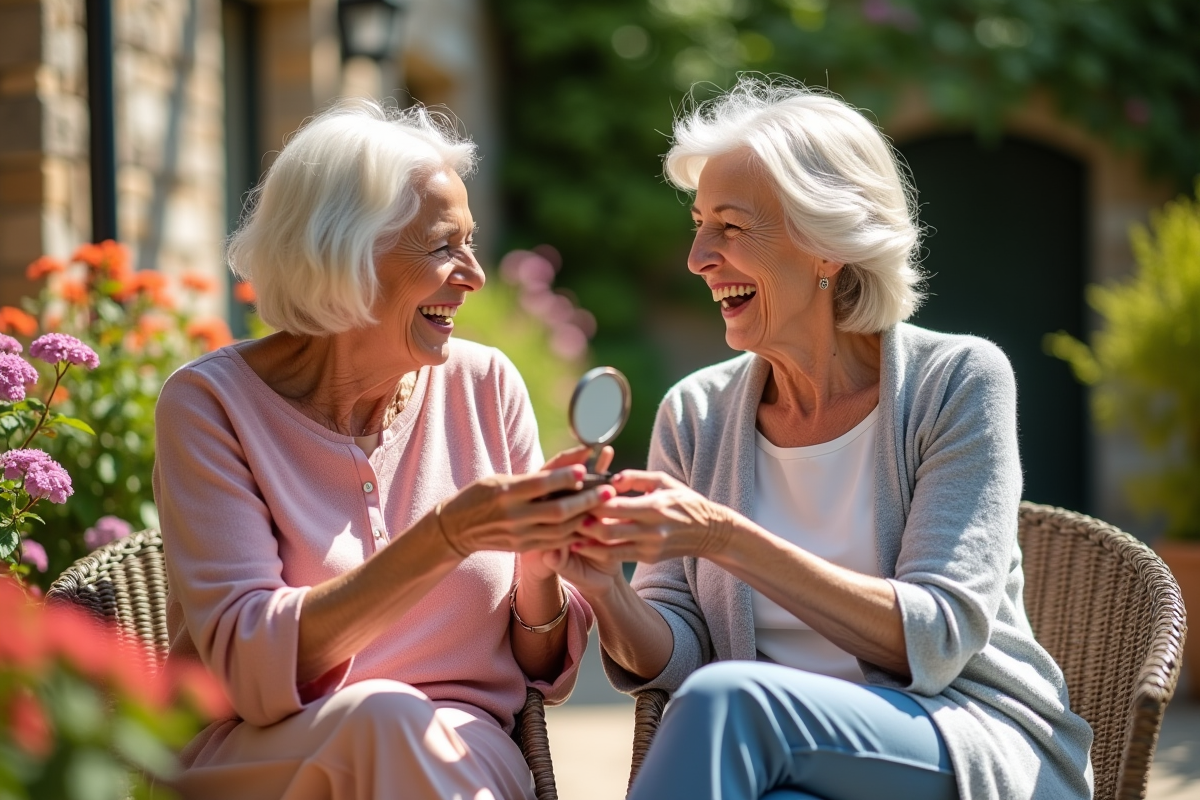 Deux femmes âgées riant dans un jardin ensoleille avec fleurs