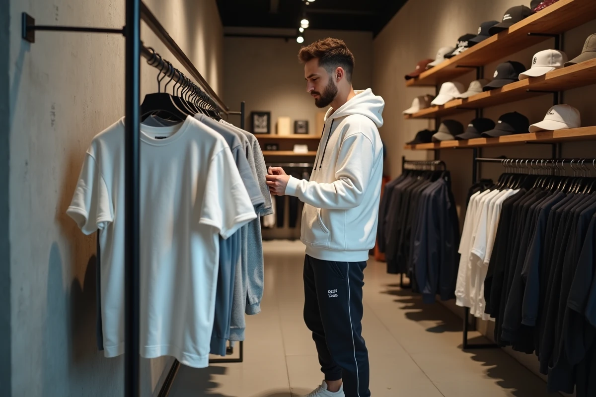 Jeune homme explorant les collections de streetwear dans la boutique EDS Store à Nantes