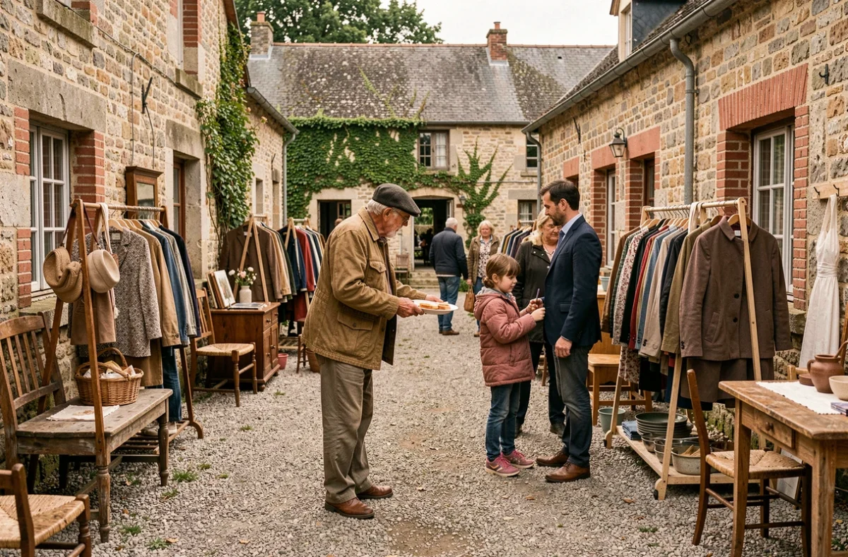 Bénévole aidant des clients dans la cour extérieure de la communauté historique Emmaüs Bernes-sur-Oise au sud de la région