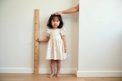 Petite fille de 5 à 6 ans mesurée contre une règle de taille murale en bois dans un intérieur familial