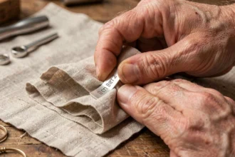 Homme entretenant un bracelet homme personnalisé en argent avec un chiffon de polissage sur une table en bois
