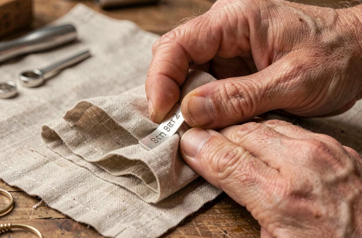 Homme entretenant un bracelet homme personnalisé en argent avec un chiffon de polissage sur une table en bois