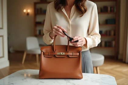 Femme entretenant un sac Hermès Birkin 30 en cuir toffee avec une brosse douce sur une surface en marbre blanc dans un appartement parisien