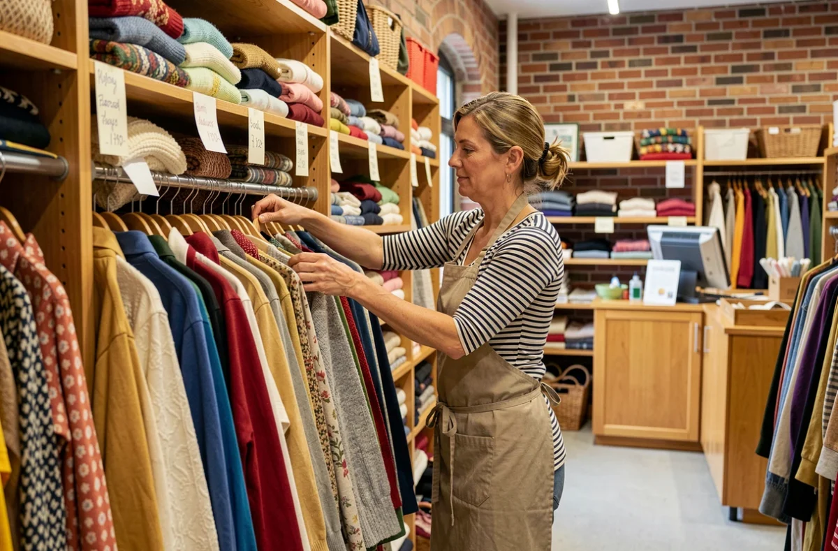 Bénévole arrangeant des vêtements vintage sur un portant dans la friperie solidaire Epatha à Lille
