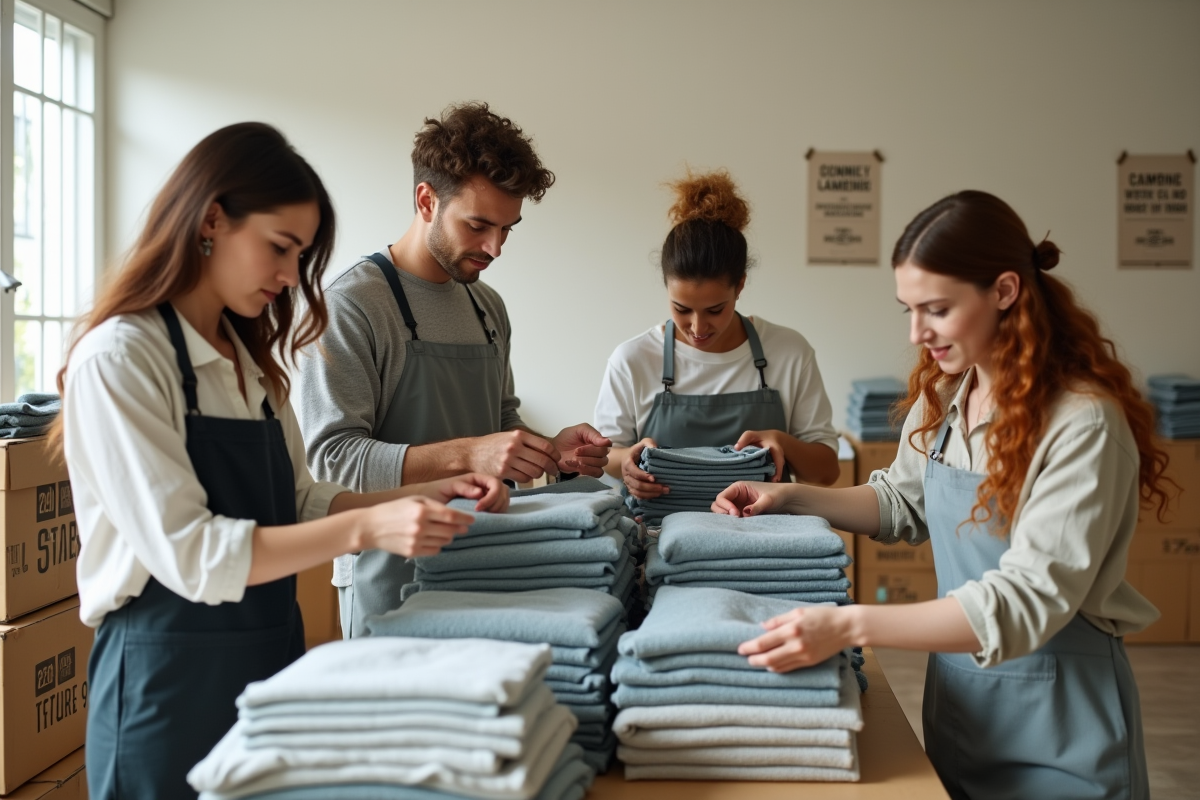 Equipe de vendeurs organisant des vêtements écologiques en stock