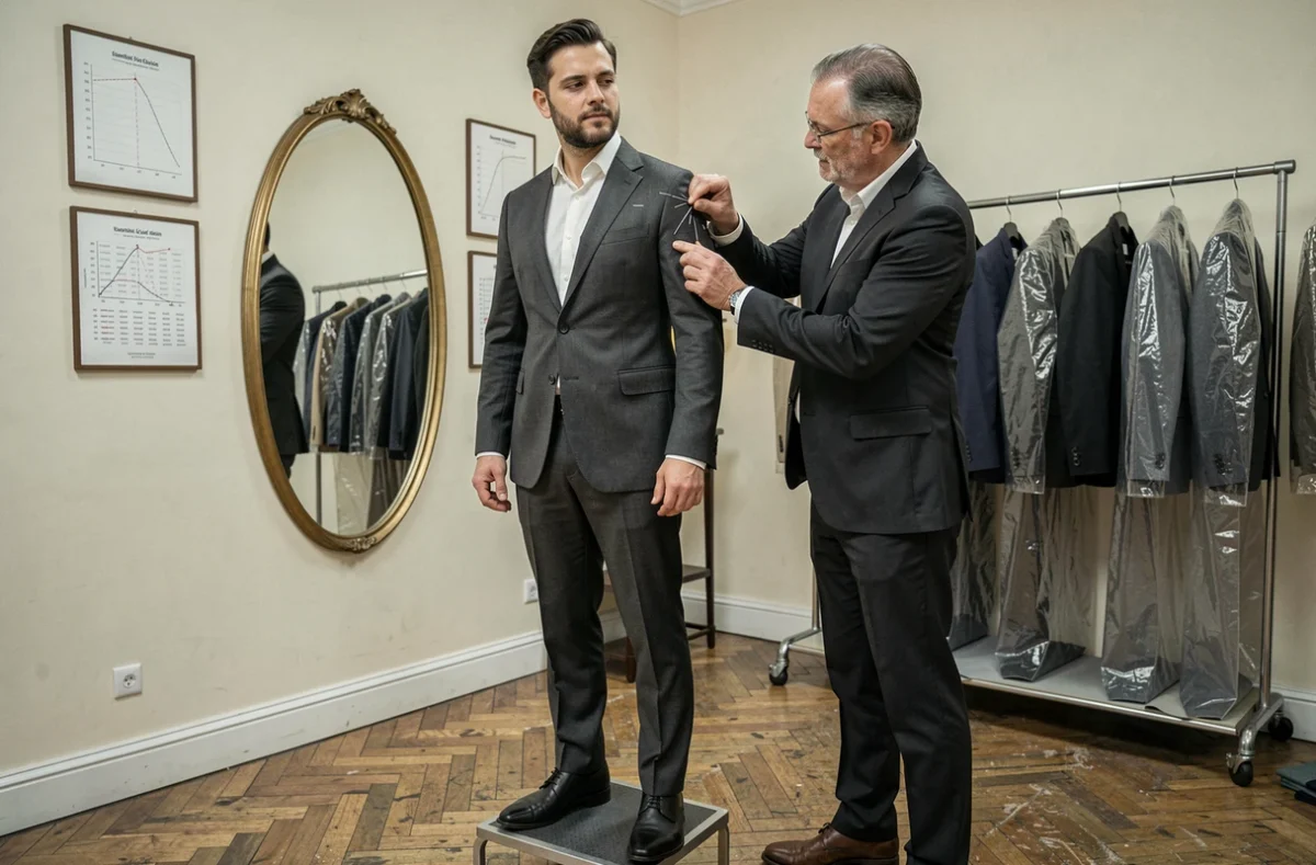 Client en costume ajusté par un tailleur professionnel dans une boutique de retouches près du RER Port-Royal à Paris