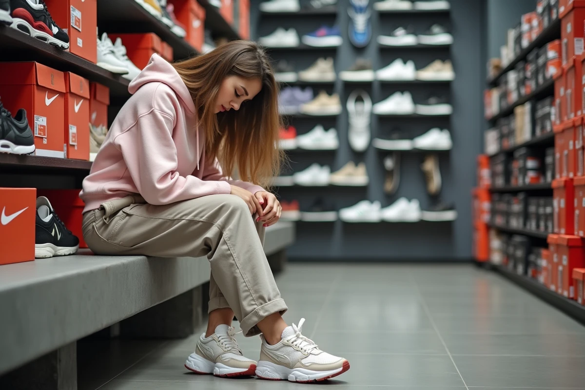 Jeune femme essayant des sneakers tendance dans la boutique Snatch de Lorient entourée d'un mur de baskets en édition limitée