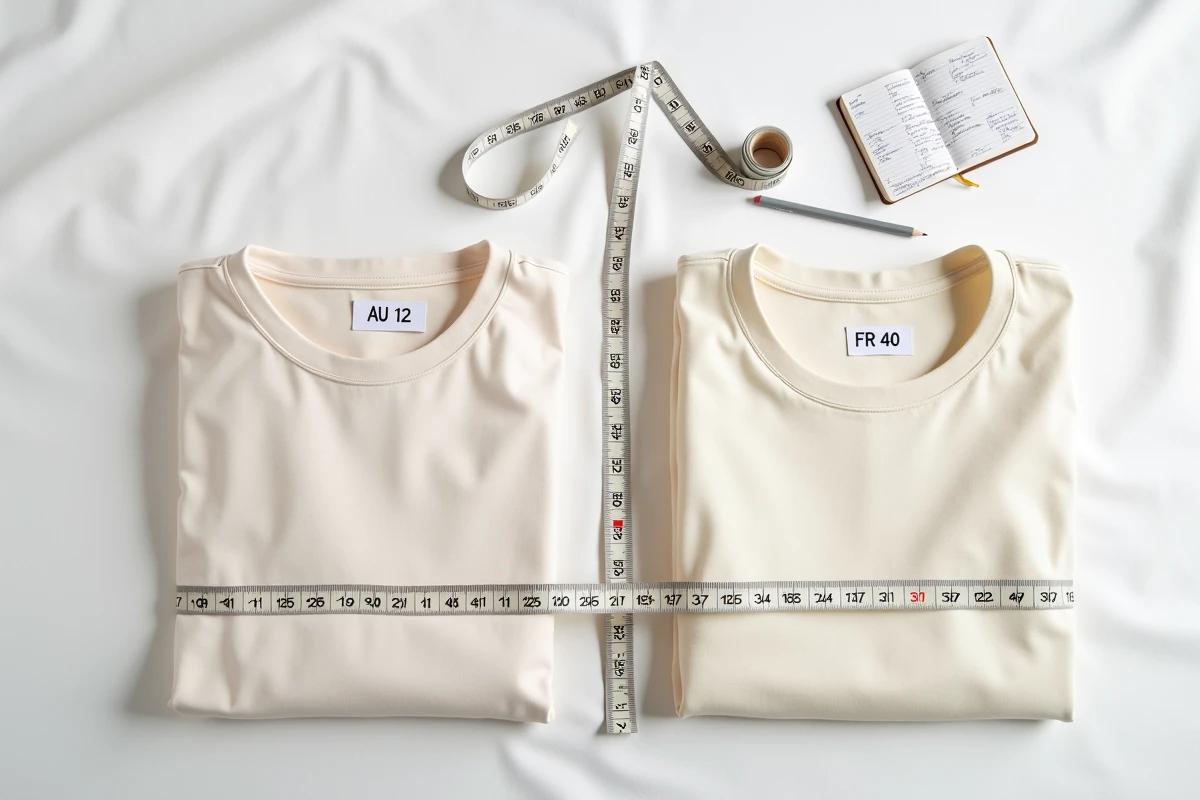 Vue aérienne de deux vêtements avec étiquettes de tailles australienne et française accompagnés d'un tableau de conversion manuscrit