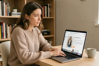 Femme consultant un site de vêtements en ligne avec une étiquette de marque inconnue affichée sur l'écran de son ordinateur portable