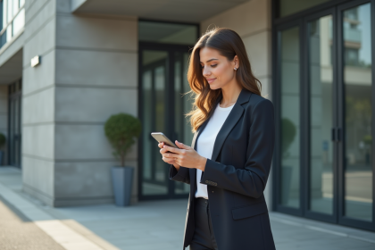 Femme d'affaires devant un immeuble moderne en ville