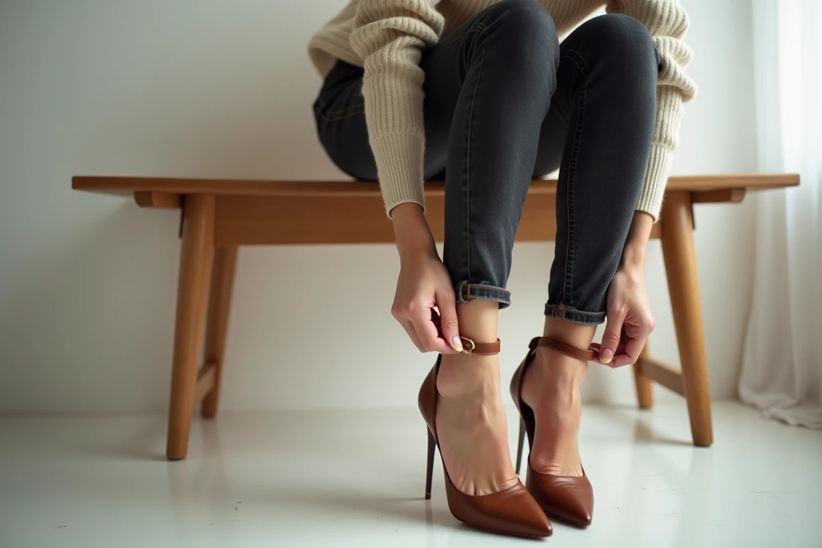 Femme ajustant la bride d'un escarpin à talon aiguille assise sur un banc en bois, détail chaussure et soin de la posture