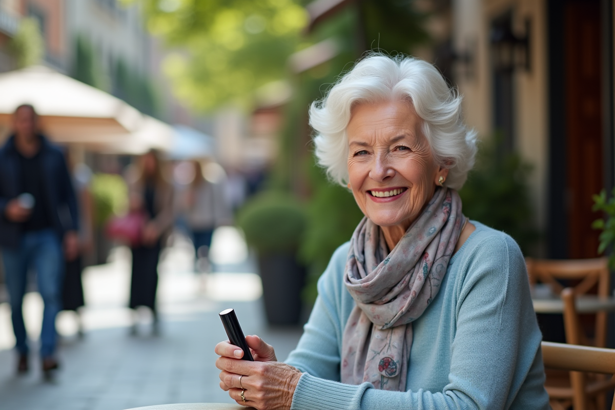 Femme âgée souriante discutant au café avec rouge à lèvres