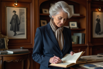 Femme élégante dans une boutique heritage examine des échantillons de tissus