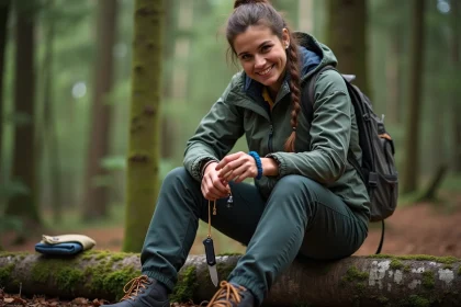 Jeune femme en for&ecirc;t avec bracelet paracord