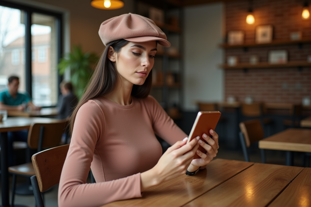 Femme élégante regardant son reflet avec un beret dans un café