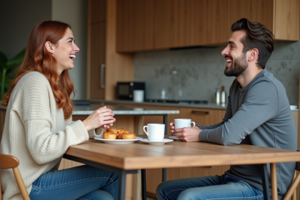 Jeune femme rieuse avec un homme autour de caf&eacute; dans une cuisine chaleureuse