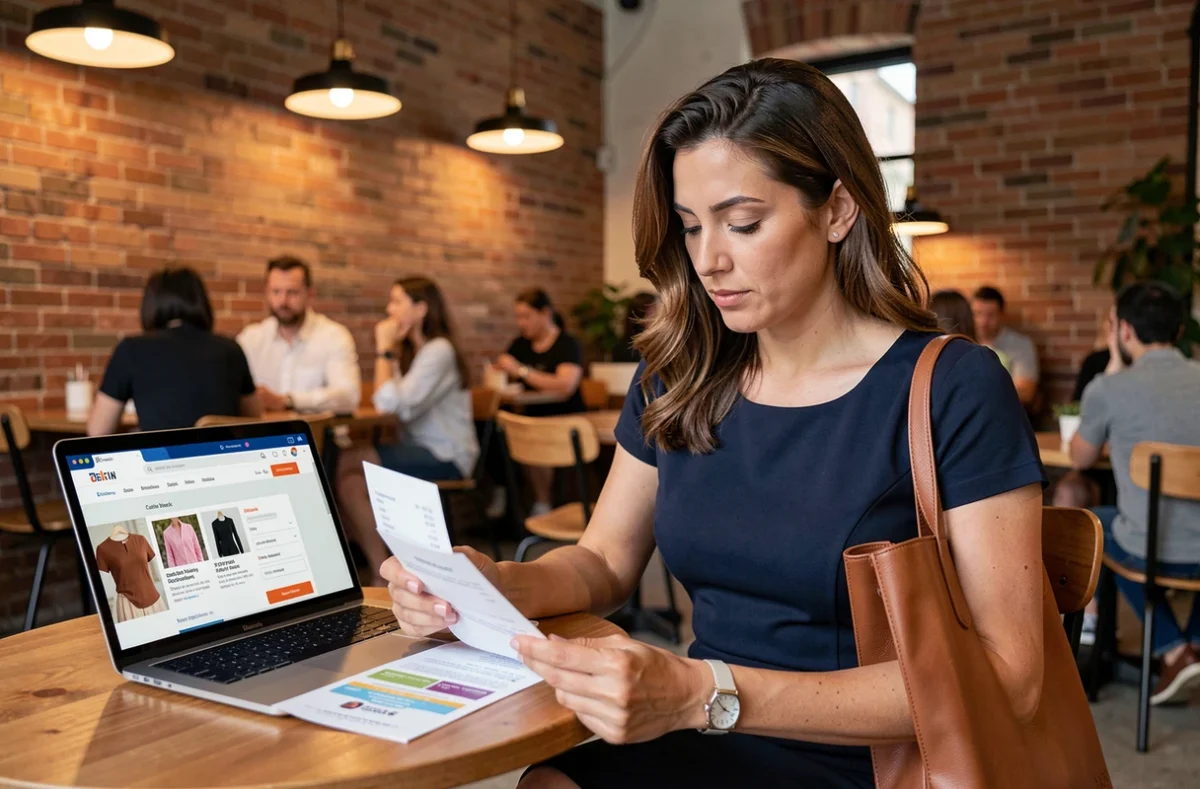 Femme élégante dans un café consultant des bons de réduction Zara et un site de cashback sur son ordinateur portable