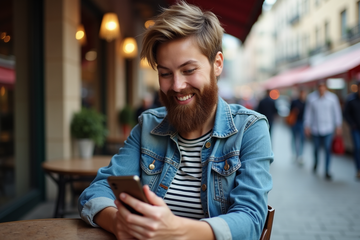 Femme avec fausse barbe assise au café en ville