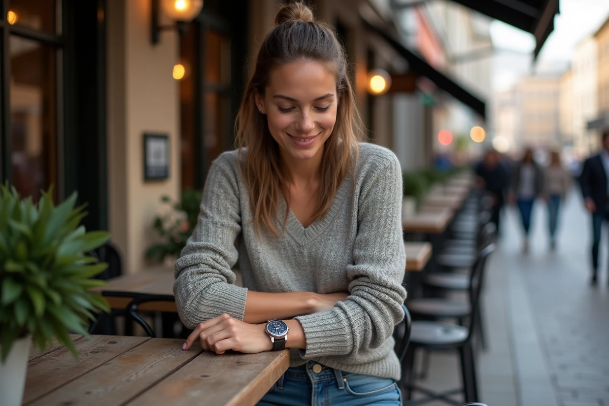 Jeune femme au café vérifiant sa montre en ville