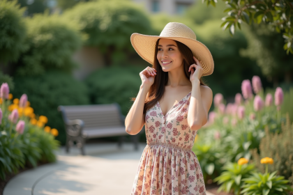Femme souriante ajustant son chapeau dans un jardin urbain