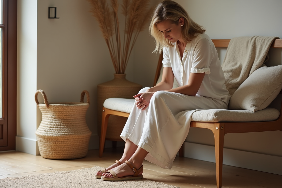 Femme comparant deux paires de sandales dans son entrée