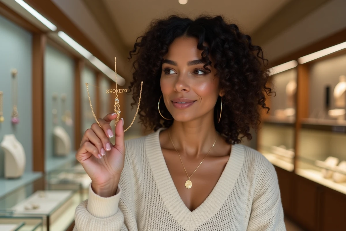Femme en boutique comparant un collier SRD et une chaîne en or traditionnelle dans une bijouterie moderne
