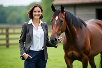 Femme confiante avec un cheval dans un paddock verdoyant