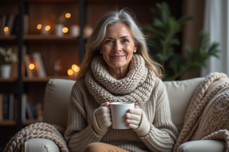 Femme assise dans un salon chaleureux avec mug et pull en laine