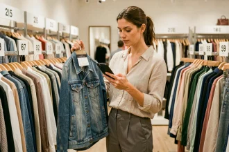 Femme consultant un convertisseur de taille vestimentaire sur smartphone dans une boutique de vêtements