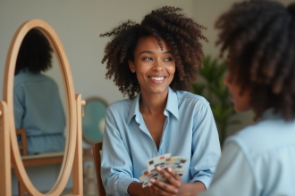 Femme regardant des échantillons de couleur dans un miroir