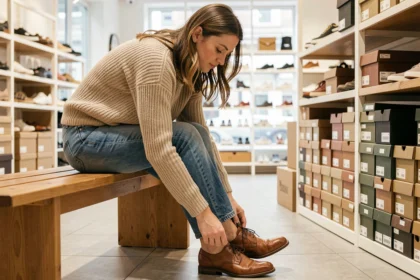 Femme essayant des chaussures en cuir dans une boutique pour trouver la bonne pointure