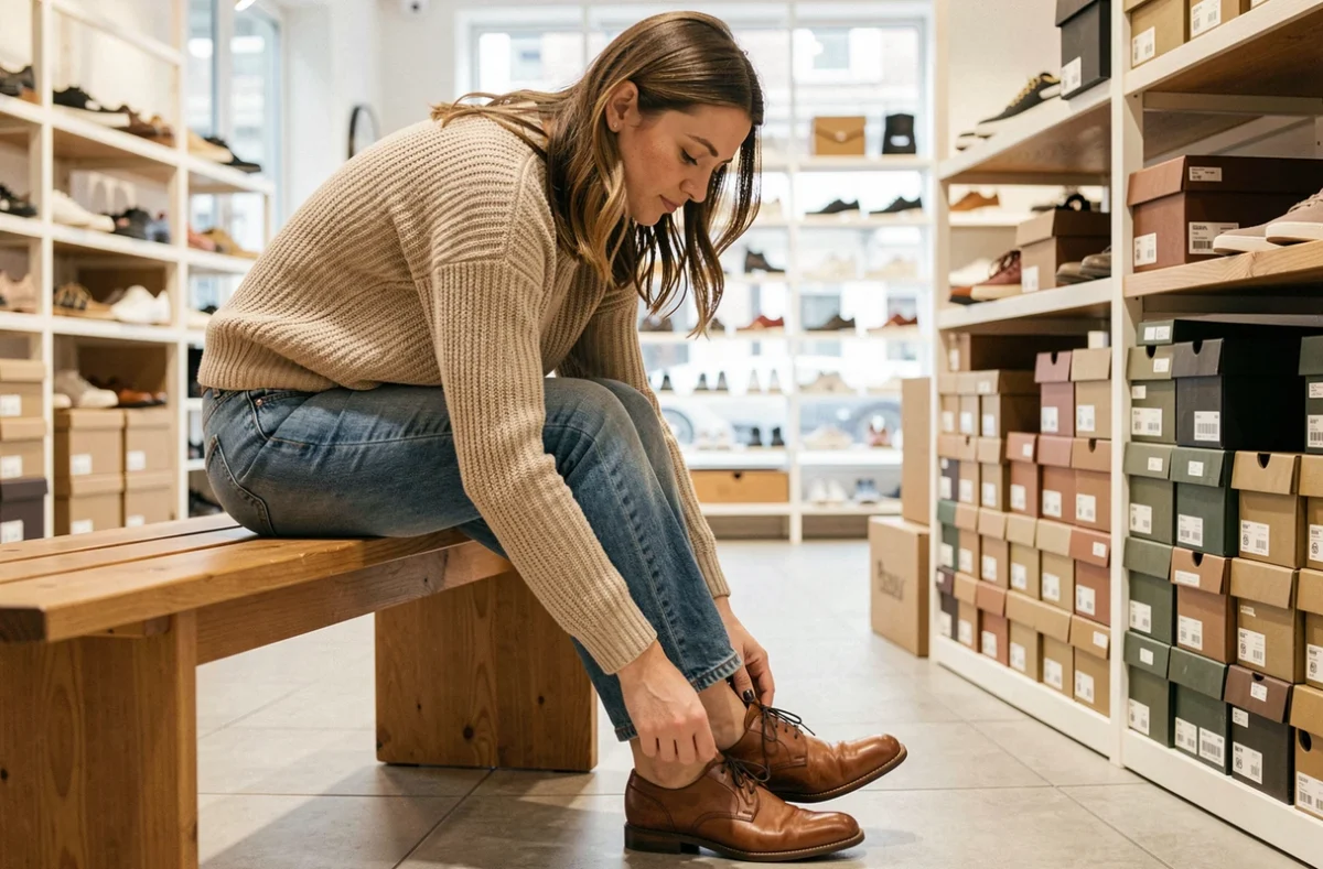 Femme essayant des chaussures en cuir dans une boutique pour trouver la bonne pointure
