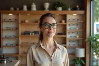 Femme essayant des lunettes dans une boutique moderne