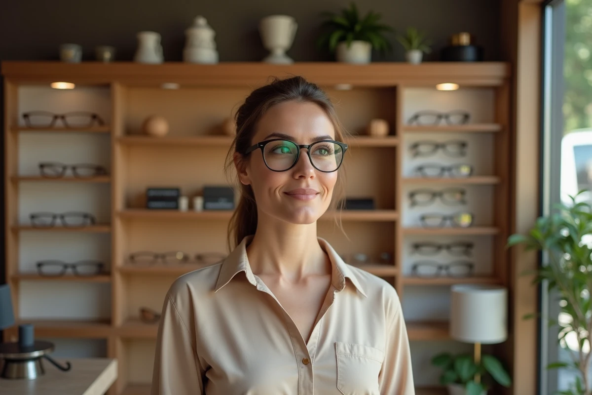 Femme essayant des lunettes dans une boutique moderne