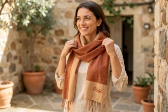 Femme portant un foulard cheche personnalisé terracotta avec initiales brodées dans une cour méditerranéenne ensoleillée