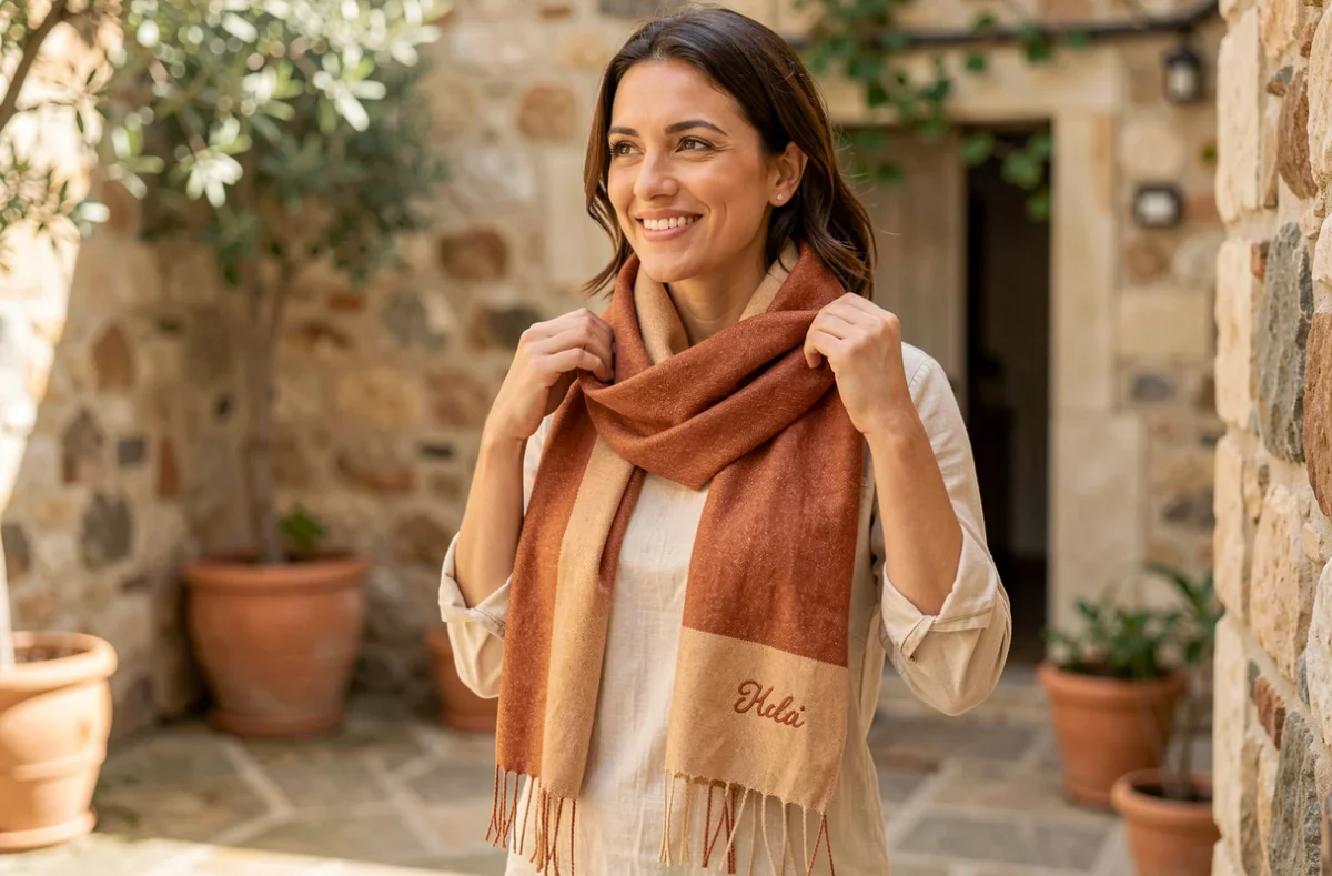 Femme portant un foulard cheche personnalisé terracotta avec initiales brodées dans une cour méditerranéenne ensoleillée