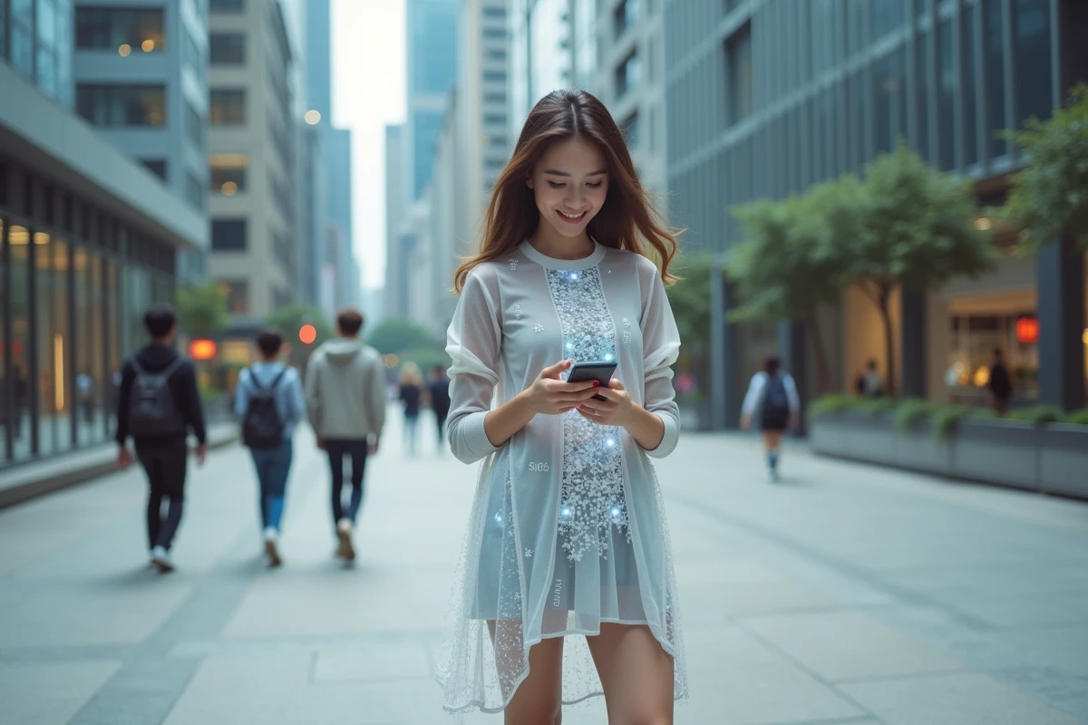 Jeune femme en robe numérique vérifiant son smartphone en ville