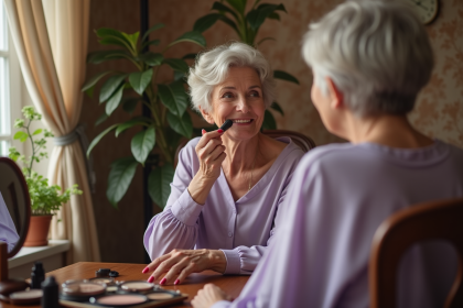 Femme souriante se maquillant devant un miroir dans un intérieur chaleureux