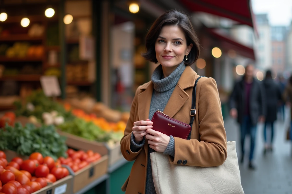 Femme au marché ouvrant un porte-monnaie personnalisé en cuir bordeaux extrait d'un sac en toile, démontrant la praticité du porte-monnaie compact