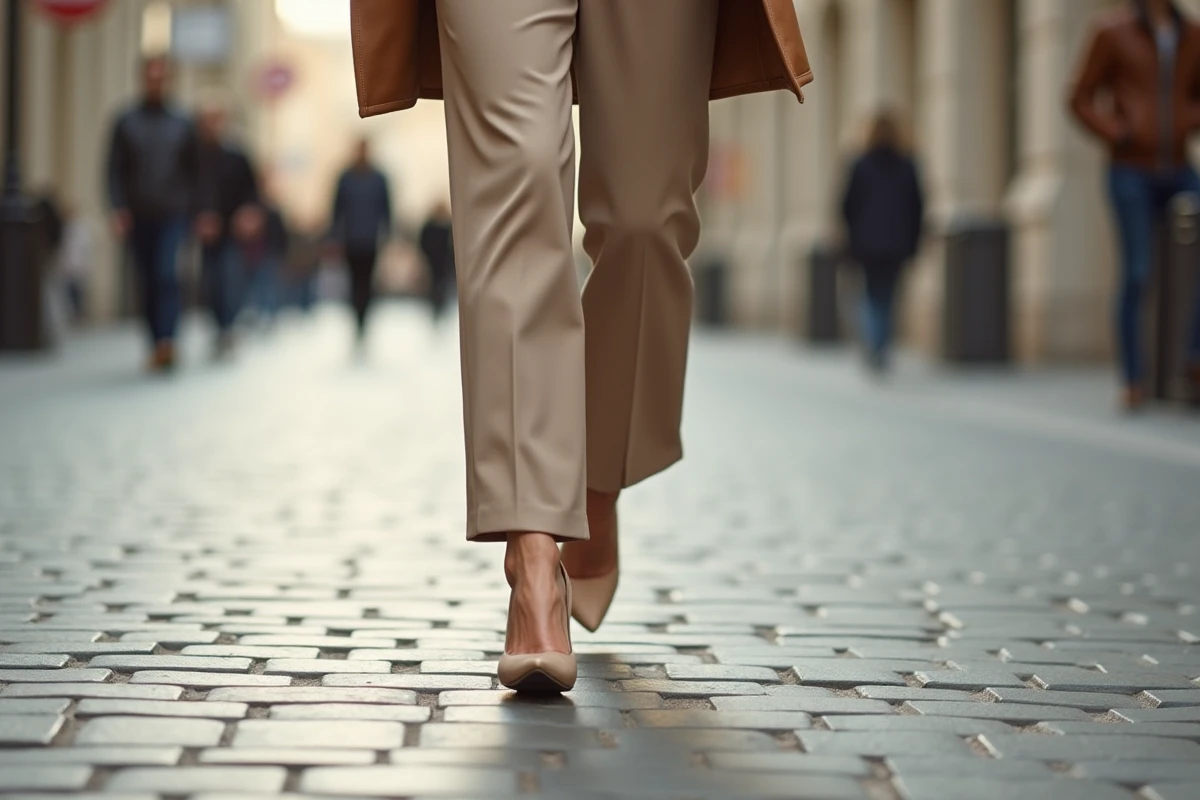Femme marchant avec assurance en talons bloc sur un trottoir en pierre, posture droite et démarche naturelle
