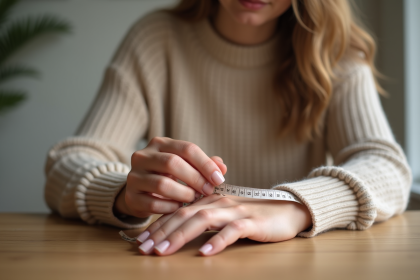 Jeune femme mesurant son doigt avec un ruban à la maison