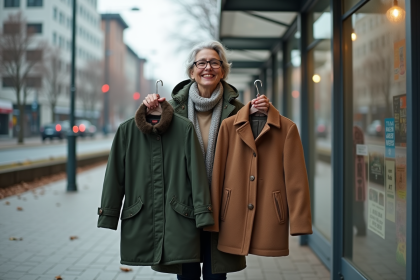 Femme souriante avec parka verte et manteau en ville