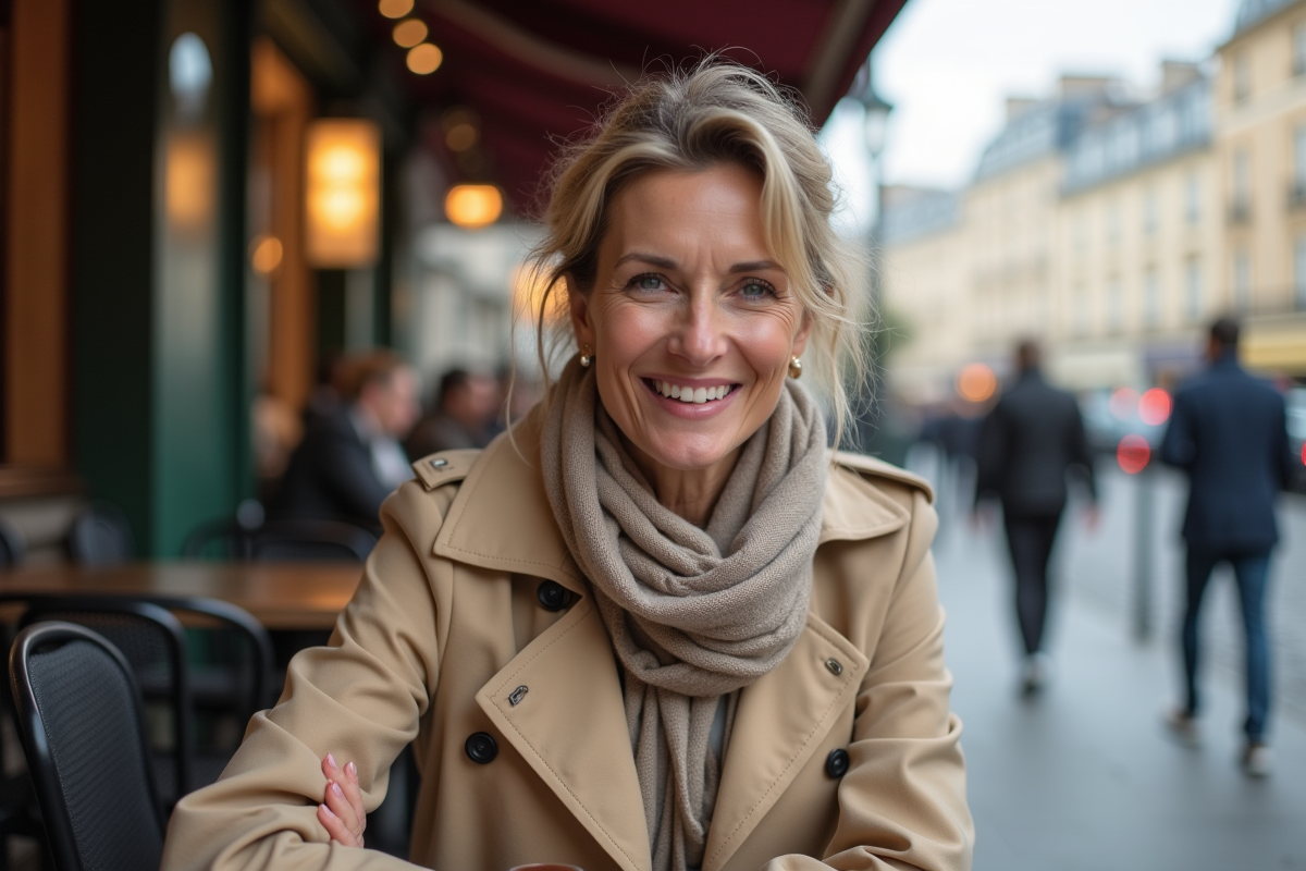 Femme souriante en trench beige dans un café parisien
