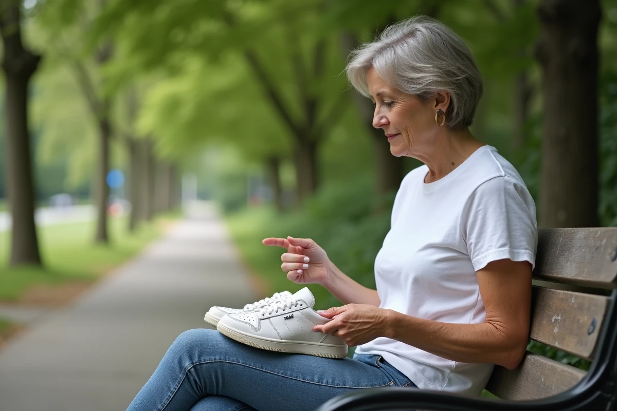 Femme comparant logos de sneakers sur un banc de parc