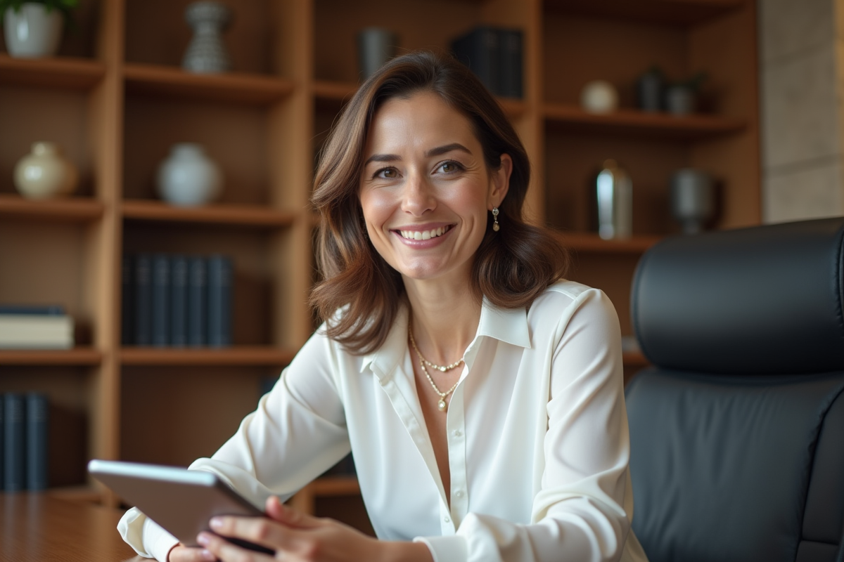 Femme élégante avec tablette dans une salle de réunion