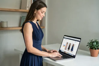 Jeune femme en robe de cocktail bleu marine cherchant une robe pas cher en ligne sur son ordinateur portable à la maison
