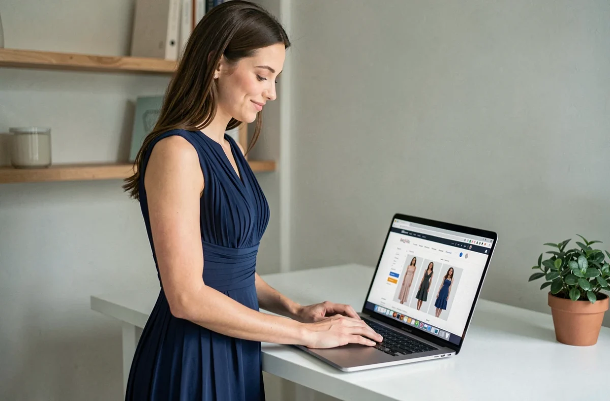 Jeune femme en robe de cocktail bleu marine cherchant une robe pas cher en ligne sur son ordinateur portable à la maison