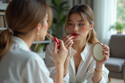 Femme appliquant rouge à lèvres dans un miroir chic