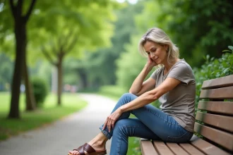 Femme assise sur un banc dans un parc en été avec des sandales confortables